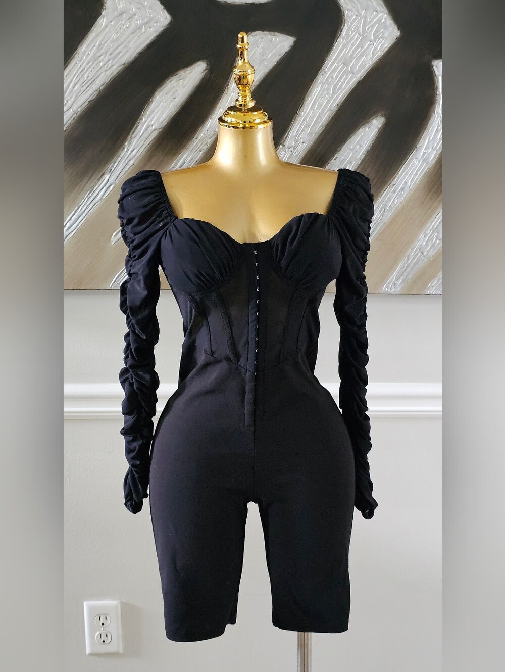 Privy Privately Privileged Womens Small Black Corset Ruched Long Sleeve Romper